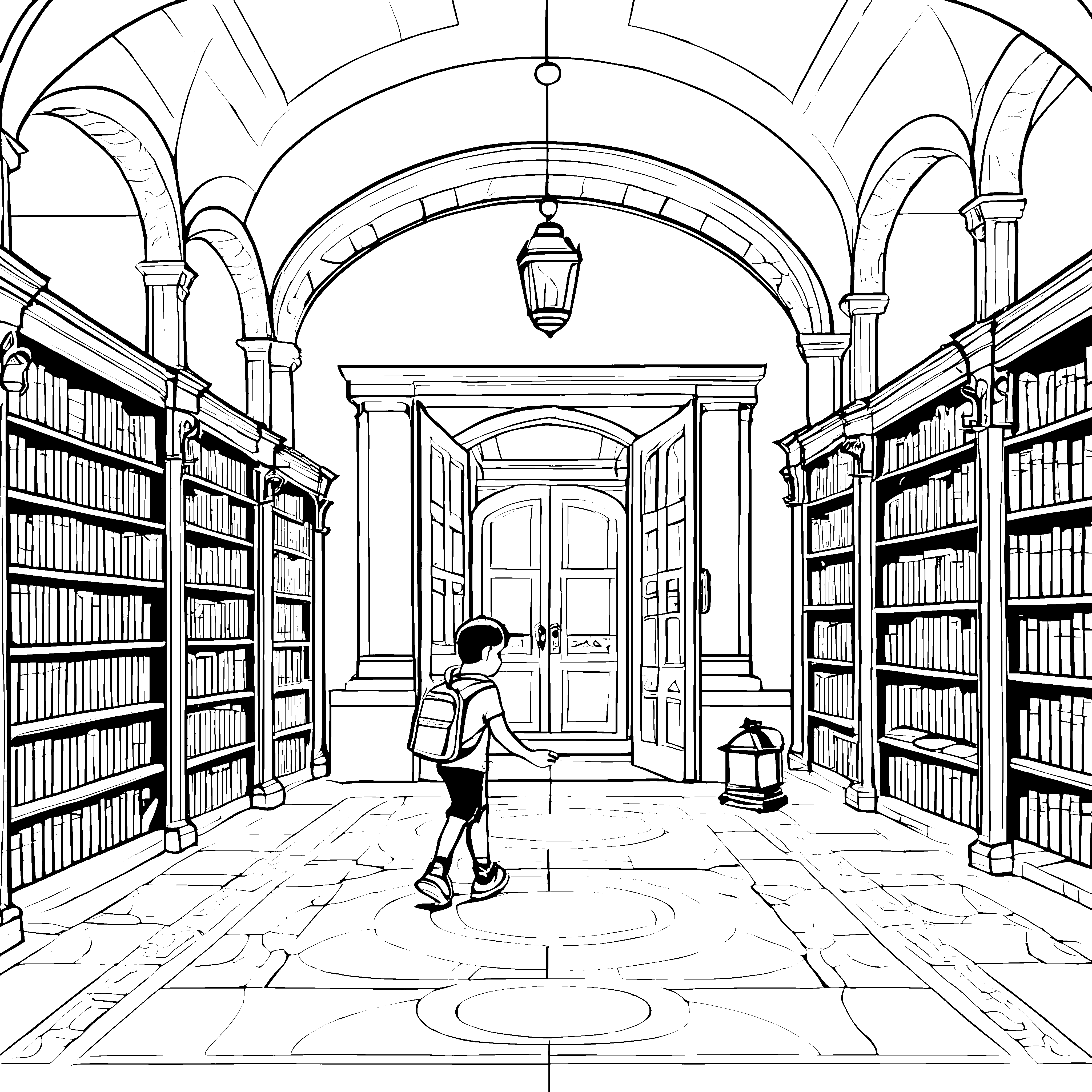 Entdeckungsreise durch die zauberhafte Bibliothek Ausmalvorlage für wissbegierige Leseratten