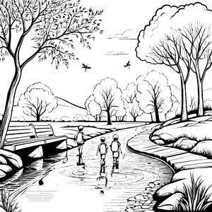 Sonniger Spaziergang am idyllischen Fluss Ausmalvorlage für abenteuerlustige Naturentdecker