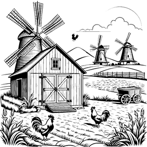Lebhafte Hähne vor malerischer Mühle Ausmalvorlage für neugierige Bauernfreunde