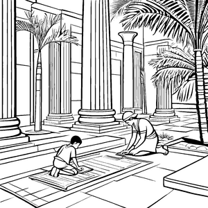 Schreiber und Schüler bei faszinierenden Hieroglyphen Ausmalbild für wissbegierige Nachwuchsforscher