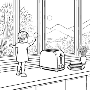 Kreativer Toaster auf sonniger Fensterbank Ausmalvorlage für neugierige Entdecker