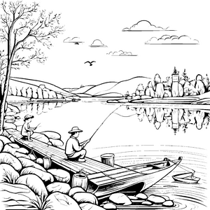 Gemütlicher Fischer am idyllischen See Ausmalbild für kleine Wasserfreunde