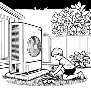 Kreatives Klimagerät umgeben von blühenden Pflanzen Ausmalvorlage für kleine Gartenfreunde