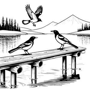 Schicke Elstern auf Holzsteg vor malerischer Berglandschaft Ausmalvorlage für kreative Naturforscher