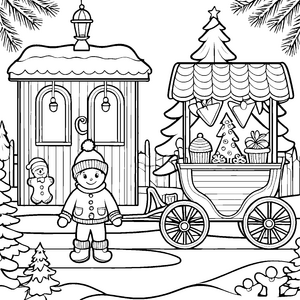 Fröhlicher Wichtel vor festlichem Stand Ausmalvorlage für kreative Weihnachtsfreunde
