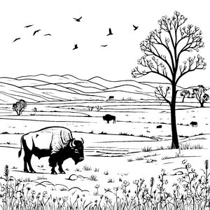 Majestätischer Bison in der unendlichen Steppenlandschaft Ausmalbild für neugierige Abenteurer