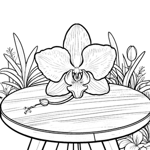 Prächtige Orchidee auf rustikalem Tisch Ausmalvorlage für blütenliebende Entdecker