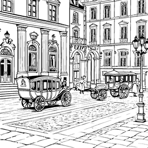 Elegante Kutsche auf historischer Stadtstraße Ausmalmotiv für kleine Entdecker