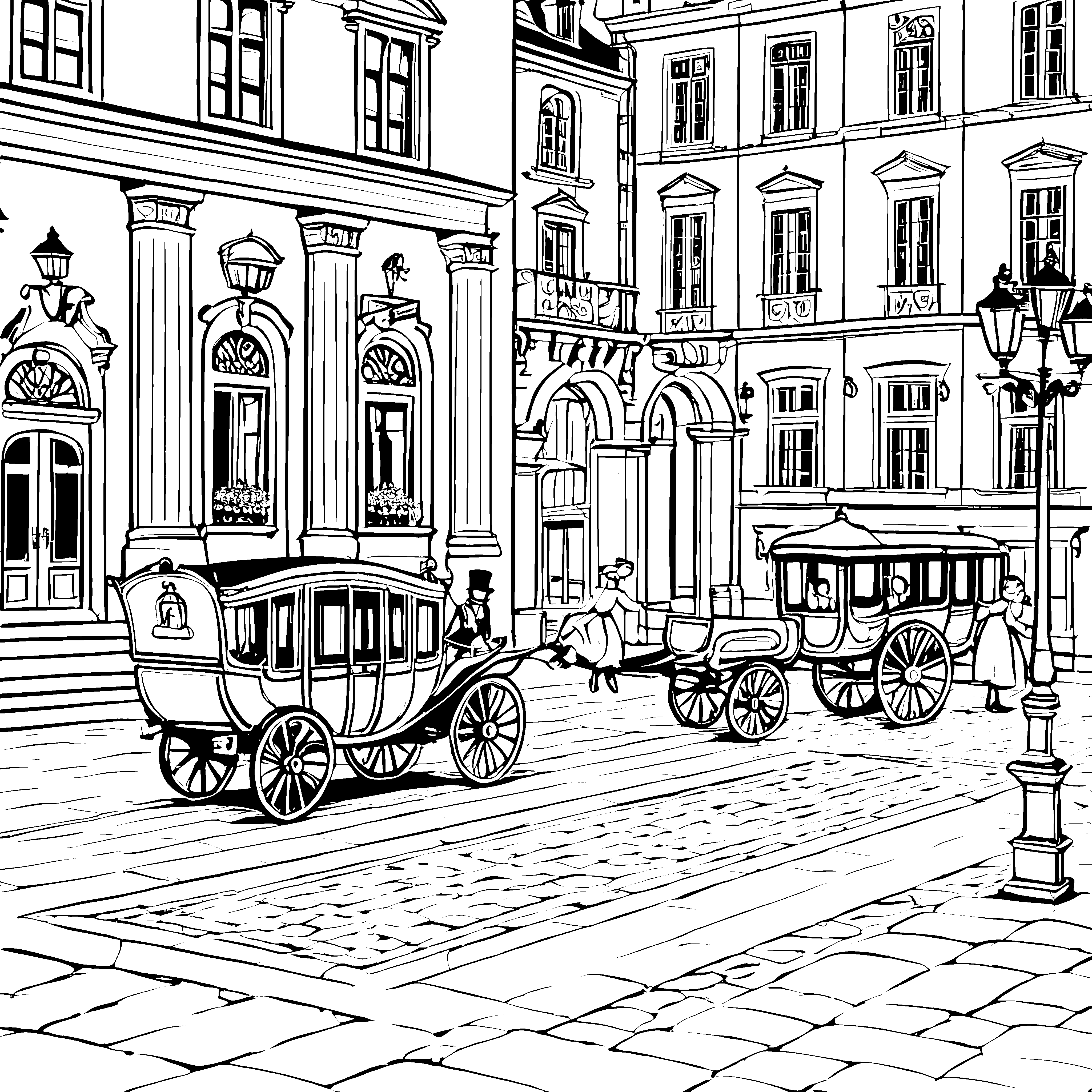 Elegante Kutsche auf historischer Stadtstraße Ausmalmotiv für kleine Entdecker