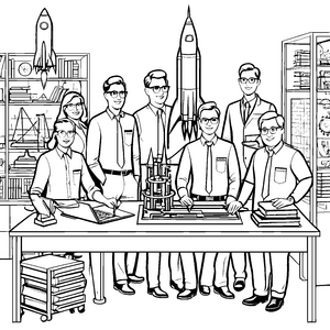 Kreative Wissenschaftler mit spannenden Modellen Ausmalbild für neugierige Tüftler