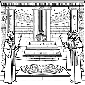 Geheimnisvolle Babylonische Priester im Tempel Ausmalbild für neugierige Entdecker