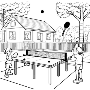 Spannende Tischtennisaction im Garten Ausmalvorlage für sportliche Entdecker