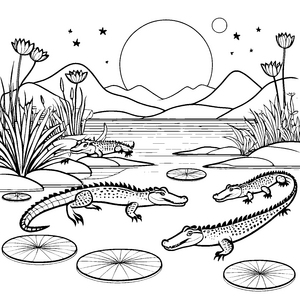Faszinierende Krokodile vor malerischer Natur Ausmalvorlage für abenteuerlustige Entdecker