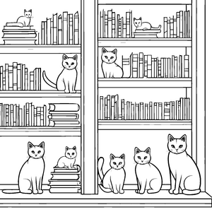 Faszinierende Hauskatzen zwischen Bücherregalen Ausmalvorlage für kleine Leseabenteurer