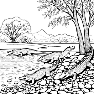 Schwimmende Krokodile am glitzernden Fluss Ausmalvorlage für neugierige Tierentdecker