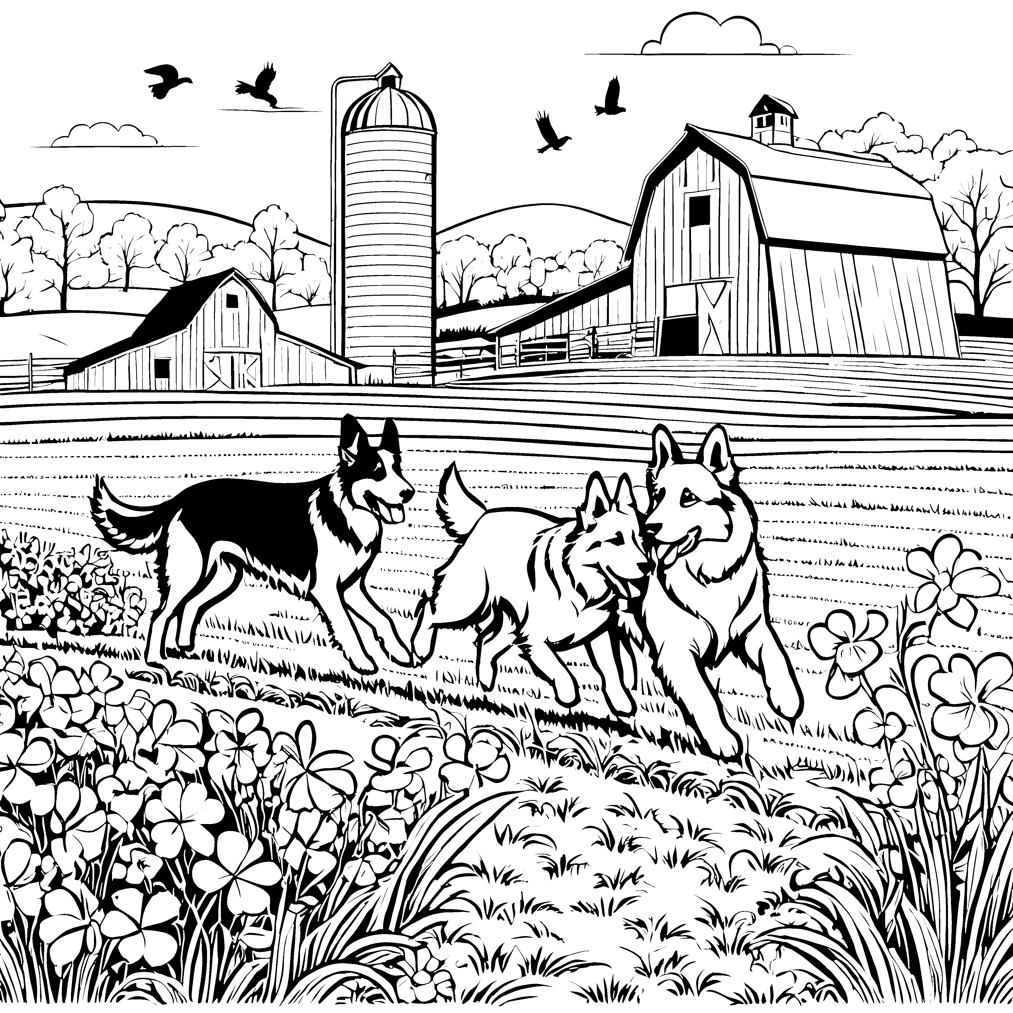 Fröhliche Hofhunde im blühenden Feld Ausmalvorlage für tierliebe Abenteurer