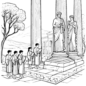 Wissensreiche Versammlung mit griechischen Philosophen Ausmalbild für kluge Köpfe