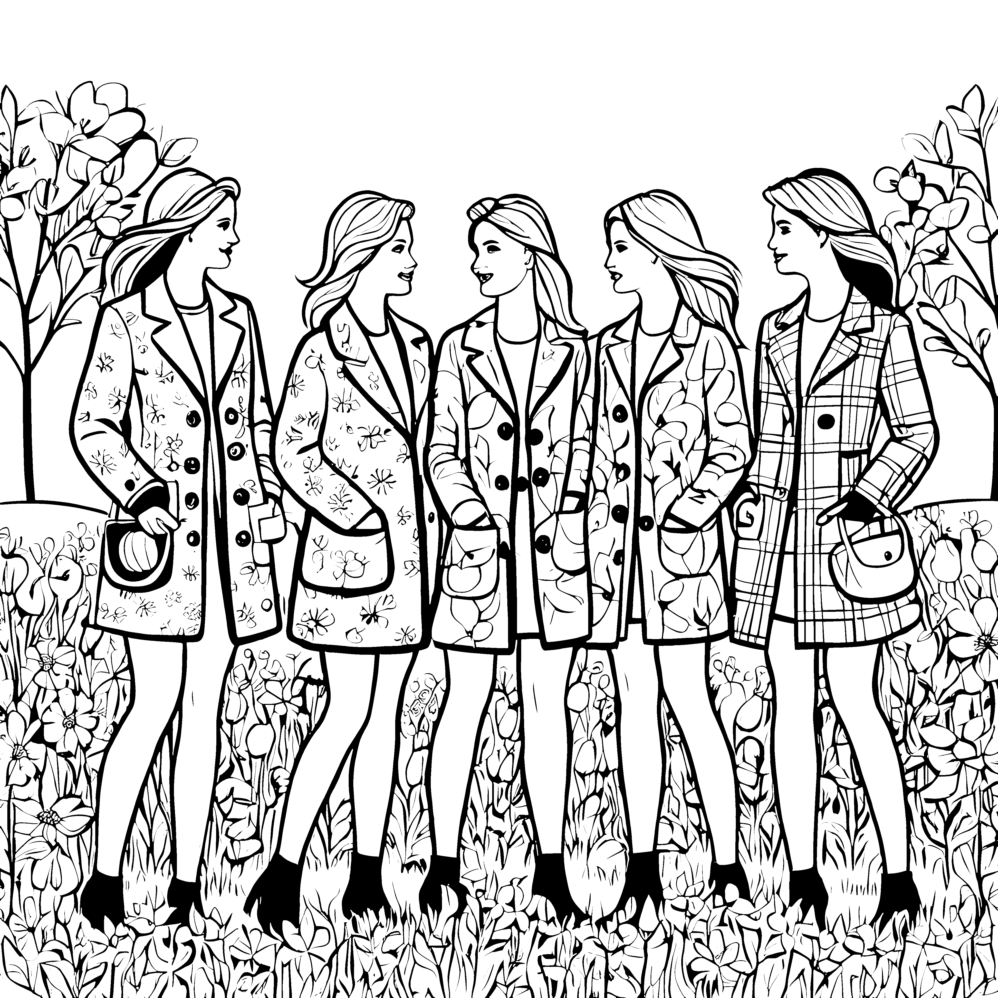 Stilvolle Damenmäntel im bunten Blumenfeld Ausmalbild für modebewusste Kunstfreunde