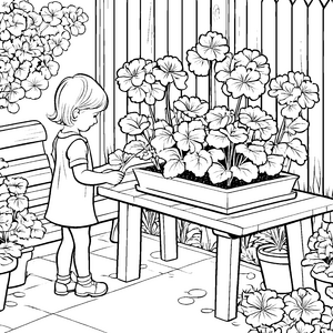 Bunt blühende Geranien im fröhlichen Blumenkübel Ausmalmotiv für kleine Gartenfreunde