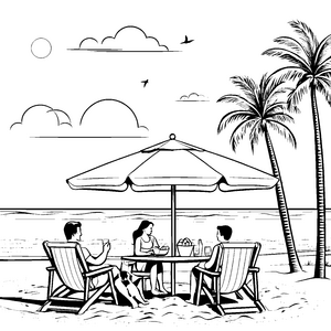 Entspannte Strandliegen unter schattigem Sonnenschirm Ausmalbild für sonnige Freigeister