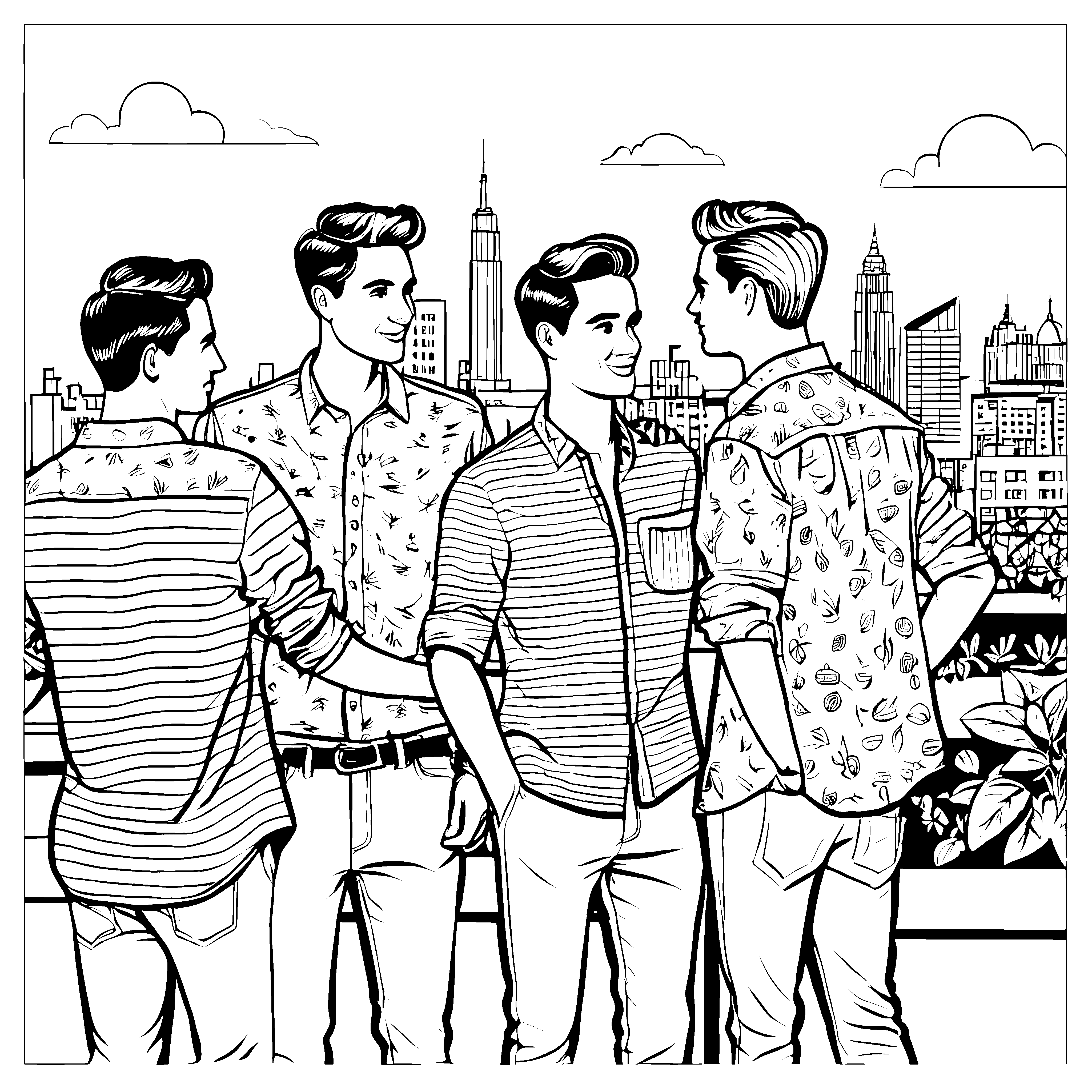 Modische Herrenhemden in stylischem Stadtblick Ausmalbild für trendige Modefreunde