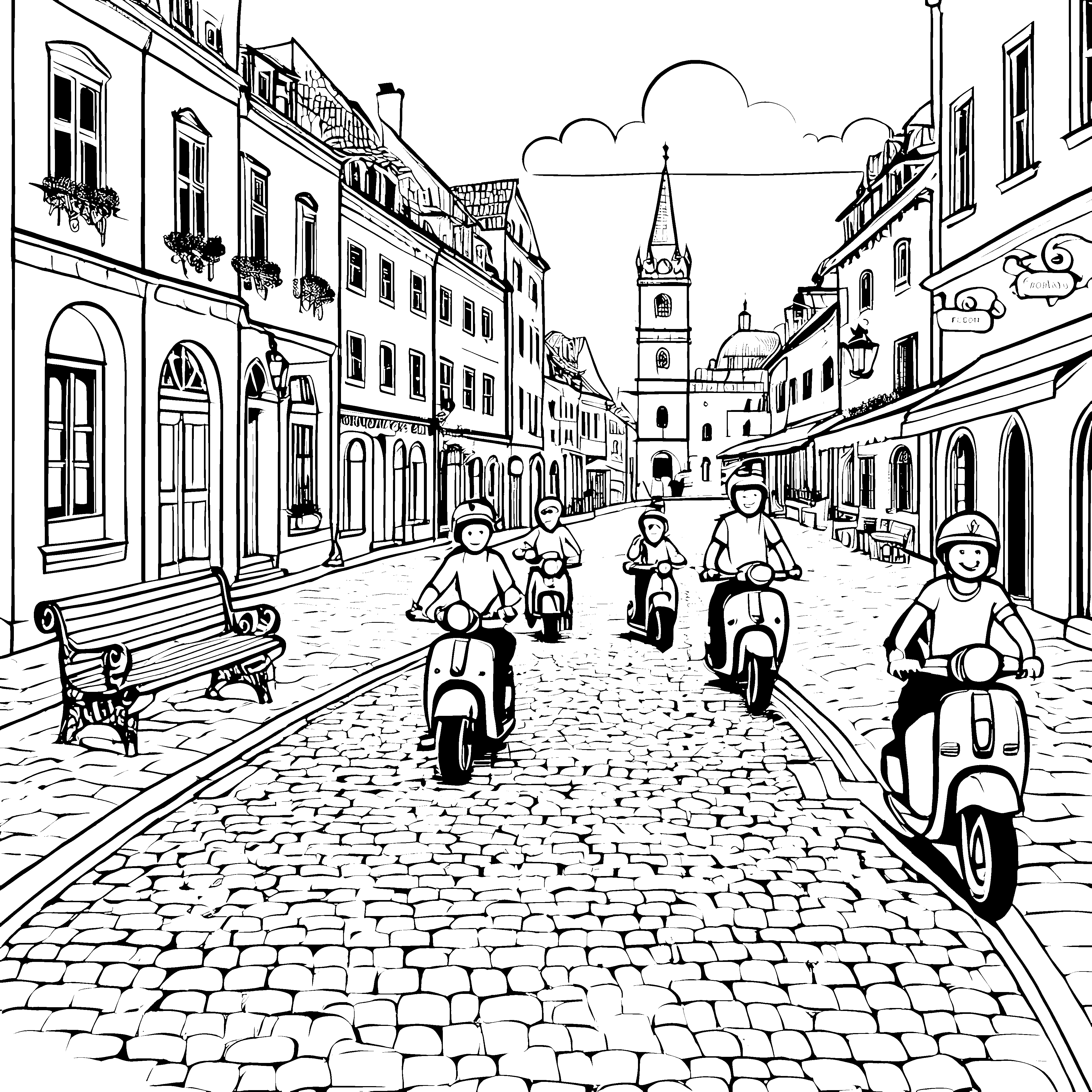 Spaßige Mofa-Fahrt durch die Altstadt Ausmalvorlage für flotte Entdecker