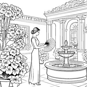 Elegante Dame mit handgefertigtem Fächer Ausmalbild für kreative Künstler