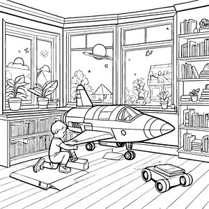 Kreativer Flugzeugbauer im bunten Kinderzimmer Ausmalvorlage für fantasievolle kleine Entdecker