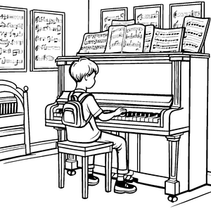 Musikliebender Junge spielt mit Begeisterung Klavier Ausmalbild für kleine Künstler