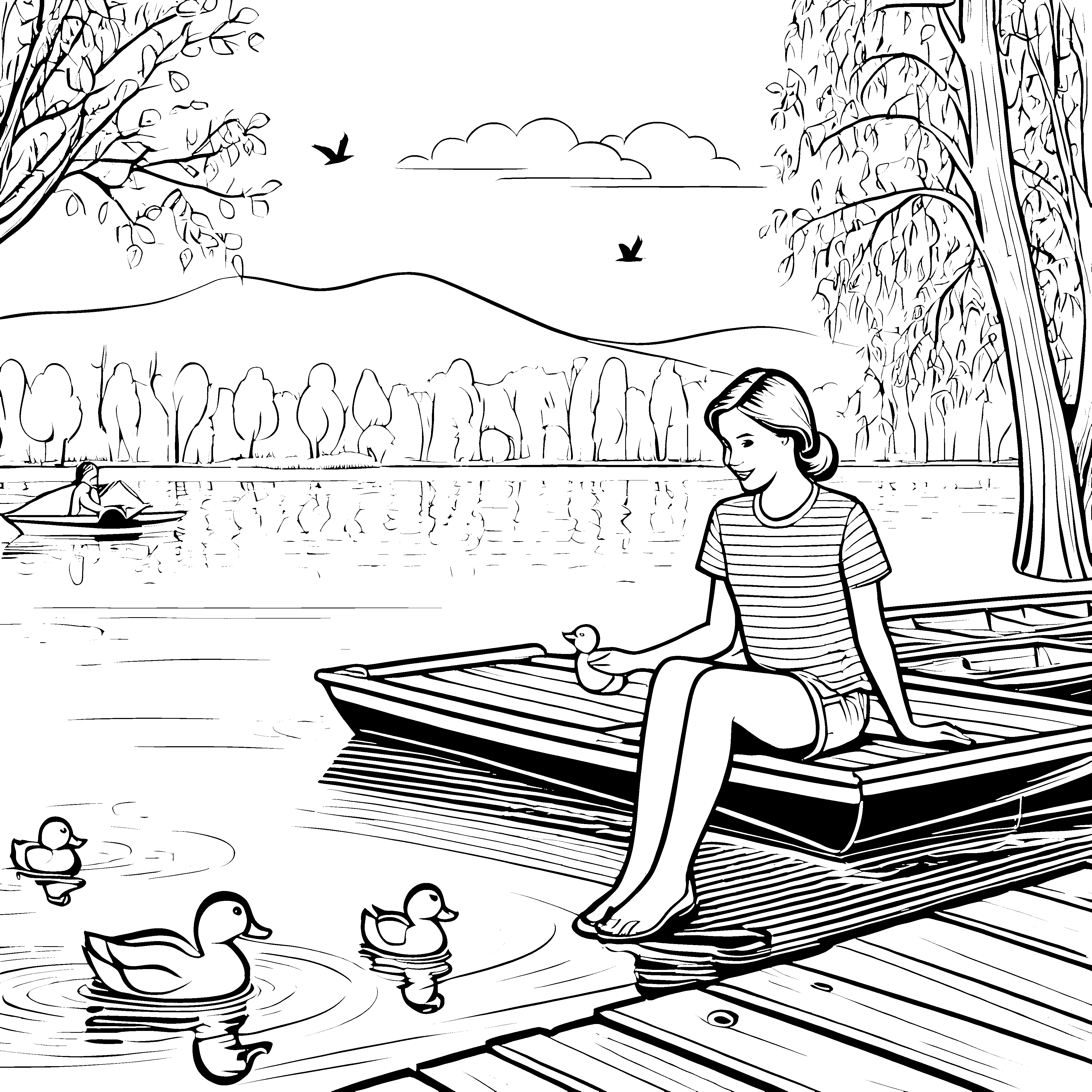 Fröhlicher Tag am Badesee mit Enten Malvorlage für neugierige Naturfreunde