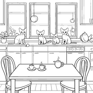 Sphynx Katzen bei fröhlichem Kaffeekränzchen Ausmalmotiv für kreative Tierliebhaber