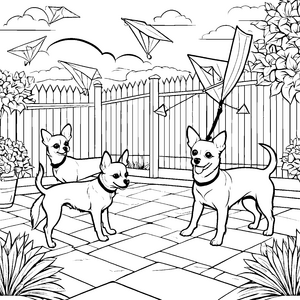 Drei fröhliche Chihuahuas spielen im Garten Ausmalvorlage für kleine Hundeliebhaber