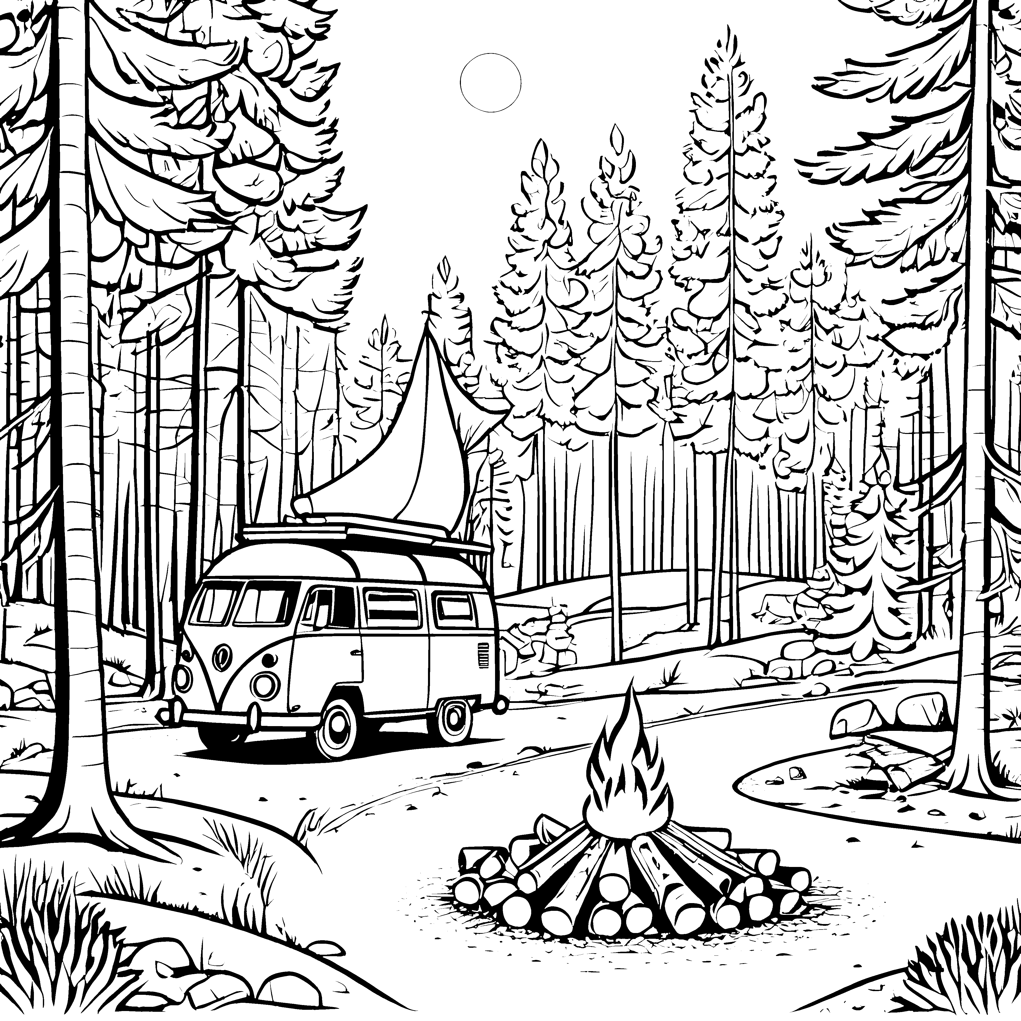 Abenteuerlicher Wohnwagen am Lagerfeuer Ausmalvorlage für junge Naturentdecker
