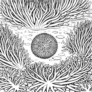 Eindrucksvoller Seeigel zwischen bunten Unterwasserpflanzen Ausmalbild für neugierige Ozeanabenteurer