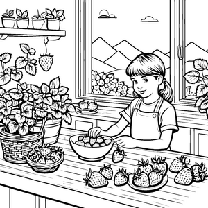 Erdbeerernte mit fröhlichem Mädchen Ausmalvorlage für kleine Gartenfreunde