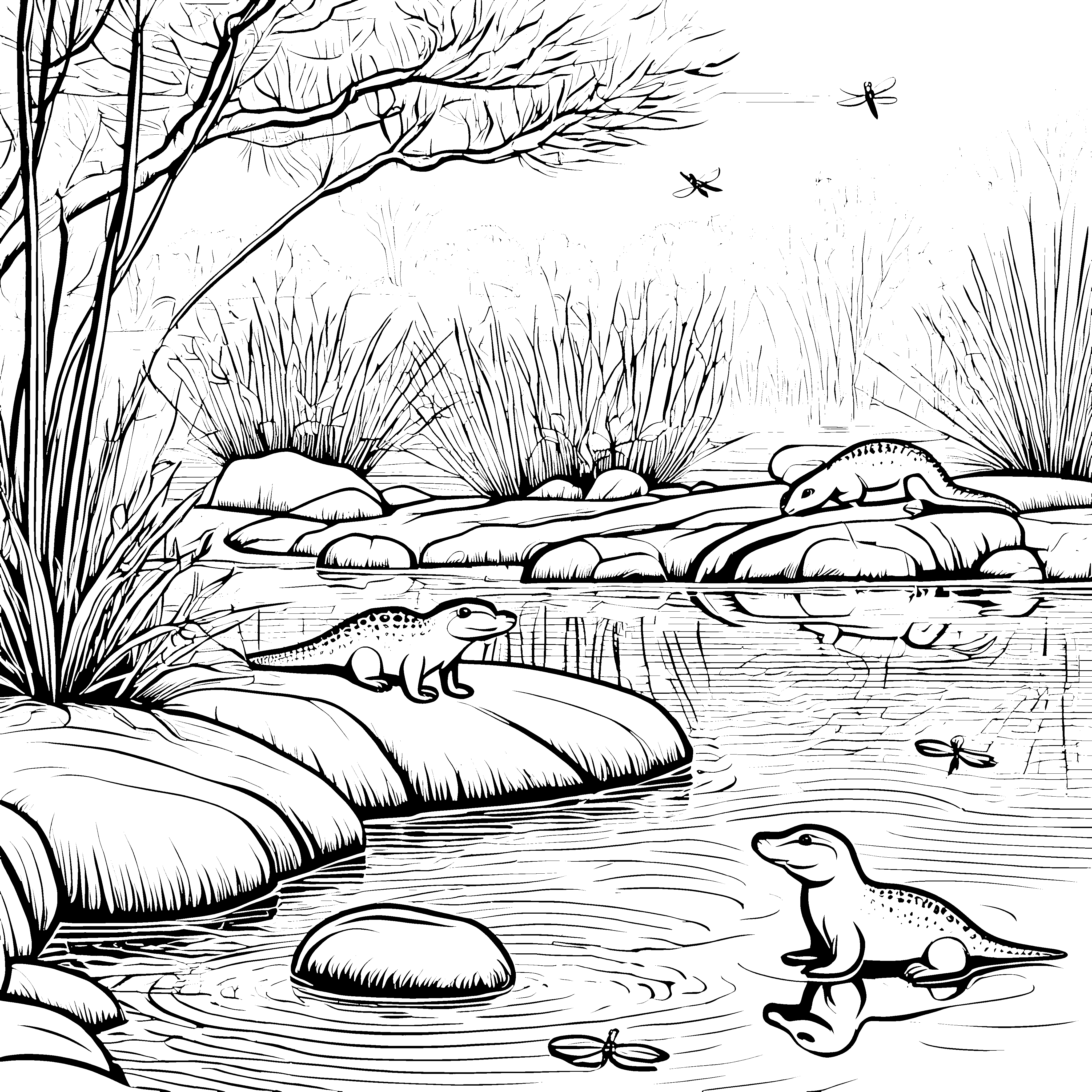 Niedliche Schnabeltiere am glitzernden Wasser Ausmalbild für kleine Naturforscher
