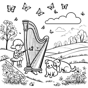 Wunderschöne Harfe mit spielendem Mädchen und Hunden Ausmalvorlage für musikalische Entdecker