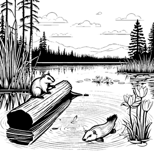 Witziger Biber auf einer schwimmenden Holzscheibe Ausmalbild für kleine Abenteurer