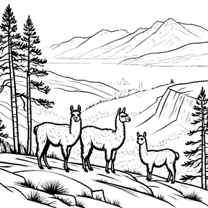 Lustige Lamas in der traumhaften Berglandschaft Ausmalvorlage für abenteuerlustige Entdecker