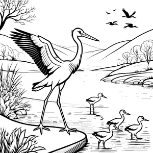 Stolzer Reiher mit bezauberndem Nachwuchs Ausmalvorlage für fantasievolle Naturliebhaber