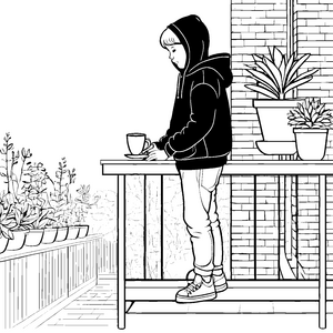 Gemütlicher Junge genießt eine Tasse auf dem Balkon Ausmalvorlage für kreative Entdecker