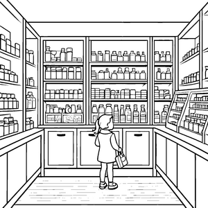 Magische Apotheke voller bunter Fläschchen Ausmalmotiv für neugierige Entdecker