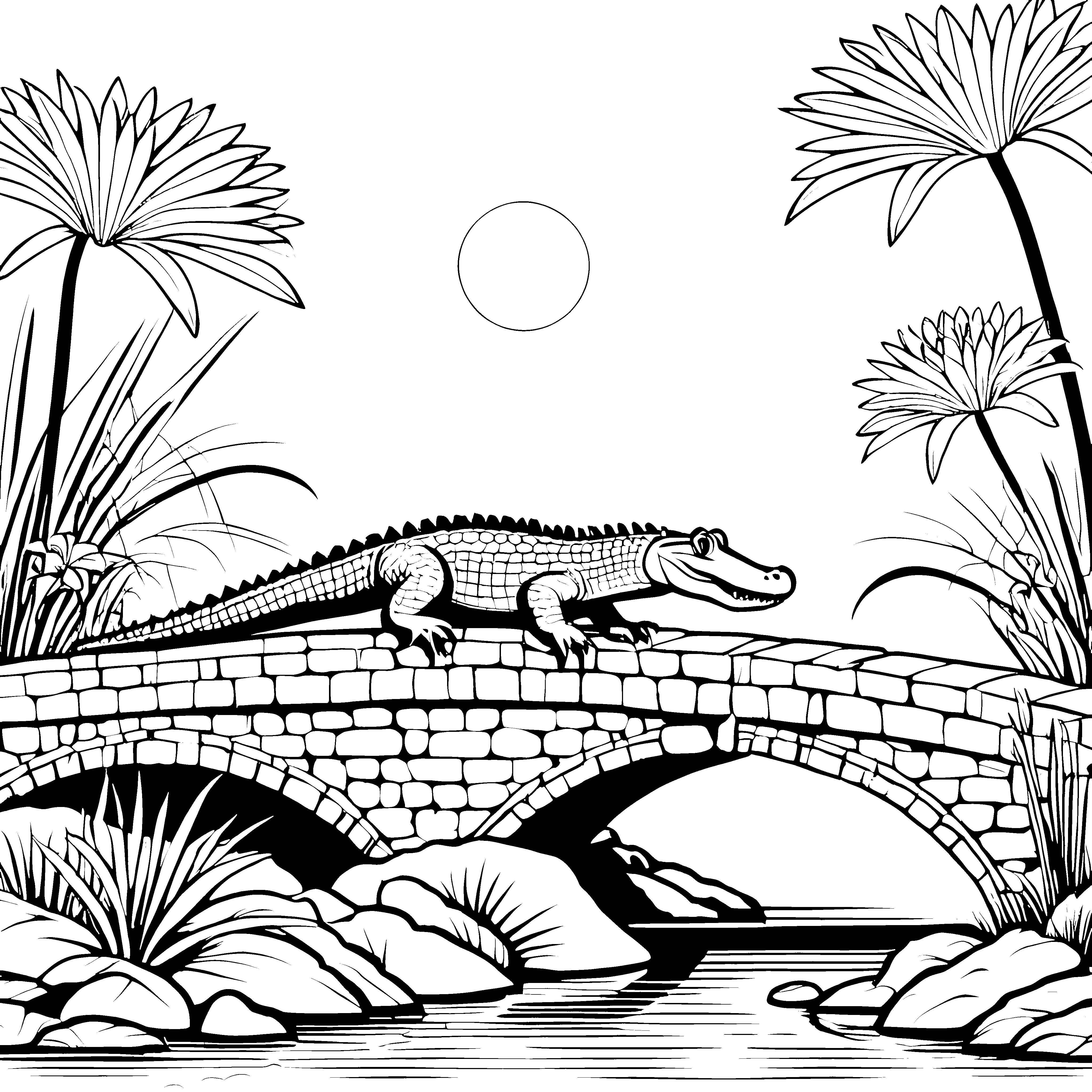 Die chillige Krokodilbrücke voller Abenteuer Ausmalbild für neugierige Entdecker
