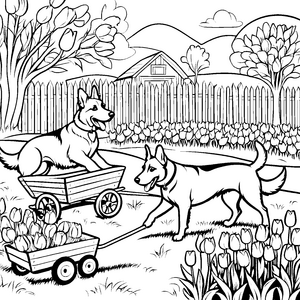 Lustige Hofhunde beim Blumenpflücken Ausmalvorlage für kleine Gartenfreunde