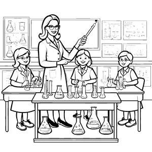 Inspirierende Lehrerin mit spannenden Experimenten Ausmalbild für junge Wissensentdecker