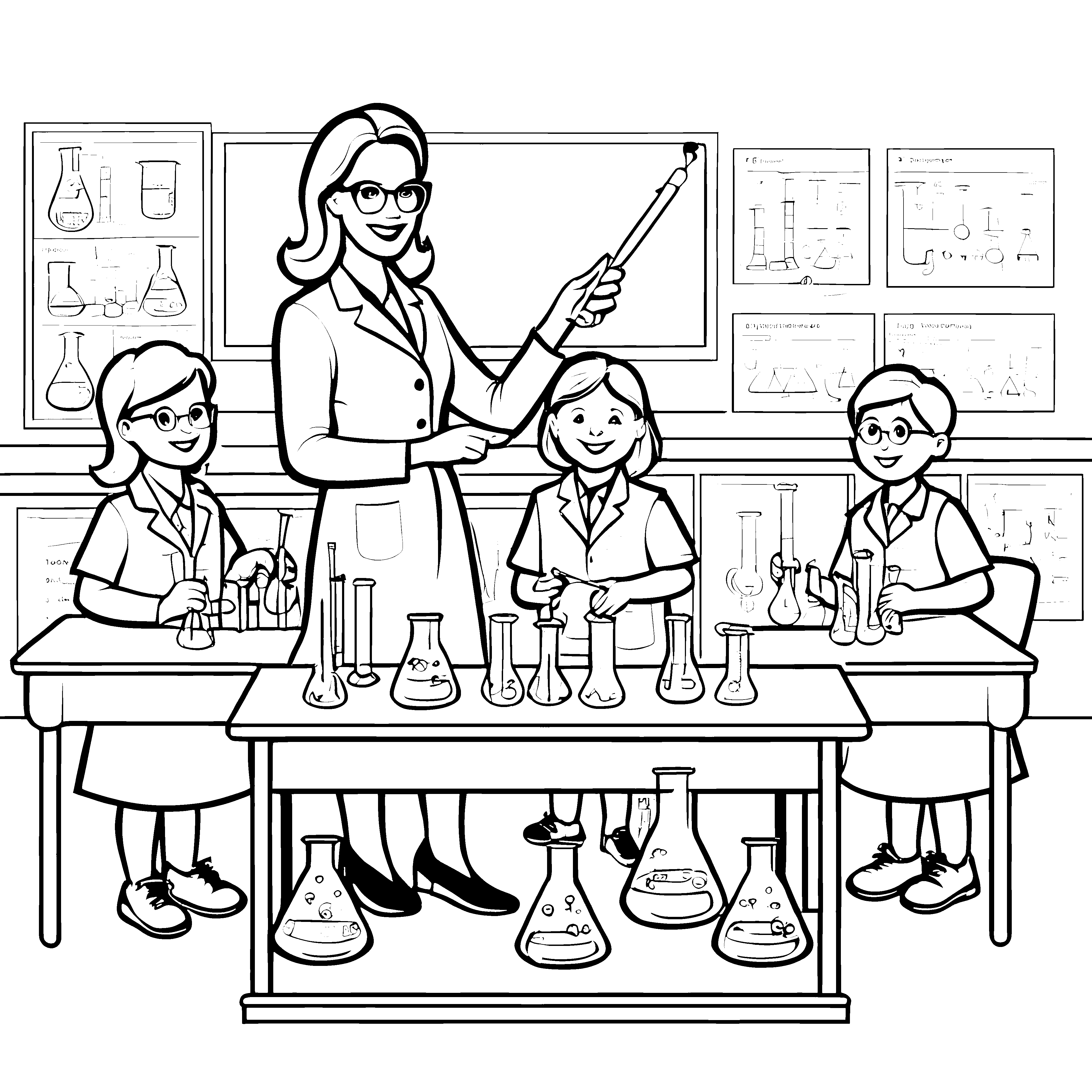Inspirierende Lehrerin mit spannenden Experimenten Ausmalbild für junge Wissensentdecker