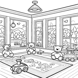 Bunte Teddybären im Spielzimmer Ausmalbild für kleine Traumfänger