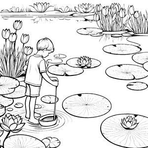 Fantasievolle Lotusblüten im ruhigen Teich Malvorlage für kleine Naturforscher