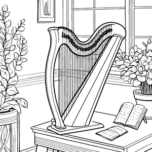 Faszinierende Harfe in harmonischer Umgebung Ausmalvorlage für kreative Musikliebhaber