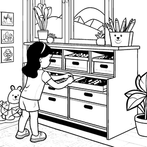 Kreativer Mädchen mit bunten Stiften vor Schrank Ausmalbild für kleine Ordnungskünstler